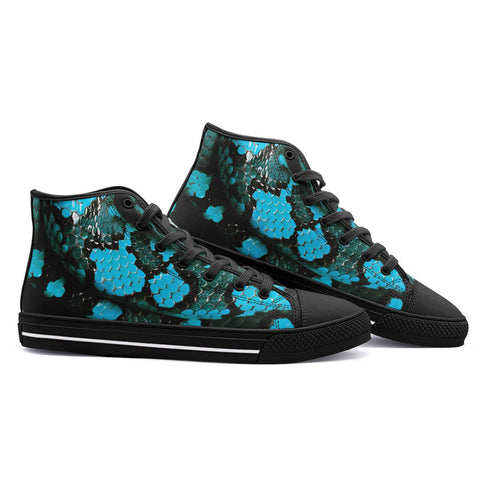 High-Top Canvas Shoes Black and Teal Snake Skin Pattern