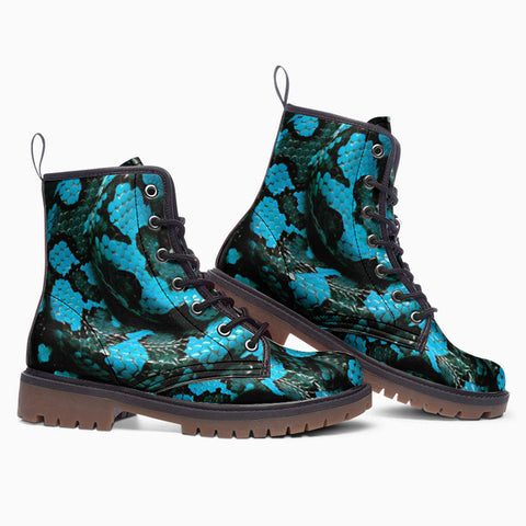Leather Boots Black and Teal Snake Skin Pattern