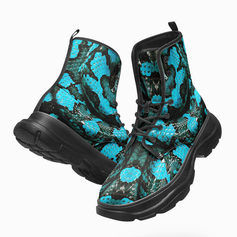 PU Leather Chunky Boots Black and Teal Snake Skin Pattern