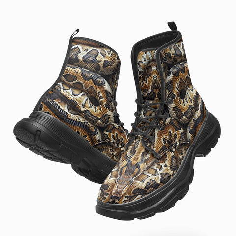PU Leather Chunky Boots Python Skin Pattern