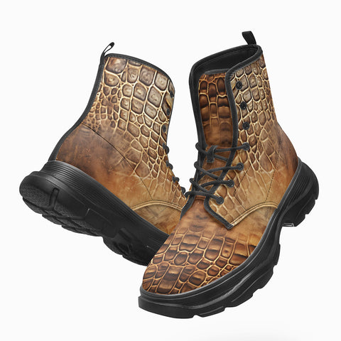 PU Leather Chunky Boots Oil Painting Alligator Skin Texture