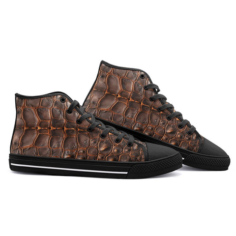 High-Top Canvas Shoes Brown Crocodile Leather Texture