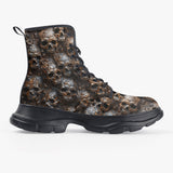 PU Leather Chunky Boots Bronze Skulls Pattern