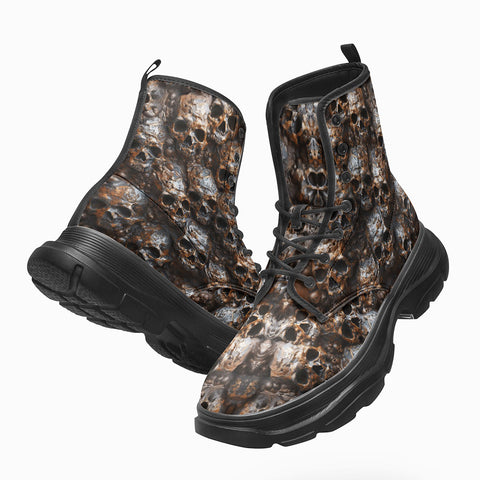 PU Leather Chunky Boots Bronze Skulls Pattern