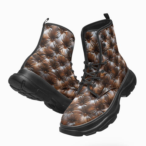 PU Leather Chunky Boots Brown Leather Texture with Buttons