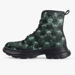 PU Leather Chunky Boots Green Leather Texture with Buttons