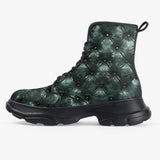 PU Leather Chunky Boots Green Leather Texture with Buttons