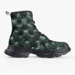 PU Leather Chunky Boots Green Leather Texture with Buttons