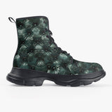 PU Leather Chunky Boots Green Leather Texture with Buttons