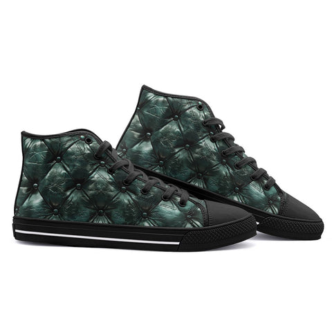 High-Top Canvas Shoes Green Leather Texture with Buttons