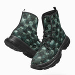 PU Leather Chunky Boots Green Leather Texture with Buttons