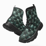 PU Leather Chunky Boots Green Leather Texture with Buttons