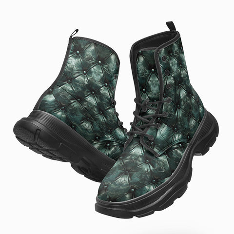 PU Leather Chunky Boots Green Leather Texture with Buttons