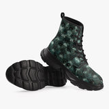 PU Leather Chunky Boots Green Leather Texture with Buttons