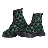 PU Leather Chunky Boots Green Leather Texture with Buttons