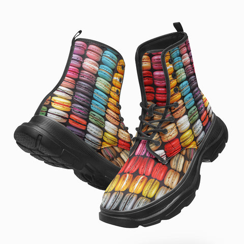 PU Leather Chunky Boots Colorful Macarons Pattern