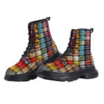 PU Leather Chunky Boots Colorful Macarons Pattern