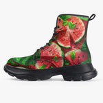 PU Leather Chunky Boots Watermelon Slices with Green Leaves