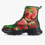 PU Leather Chunky Boots Watermelon Slices with Green Leaves