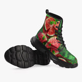 PU Leather Chunky Boots Watermelon Slices with Green Leaves