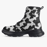 PU Leather Chunky Boots Texture of Cow Fur