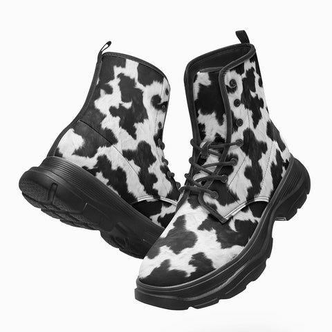 PU Leather Chunky Boots Texture of Cow Fur