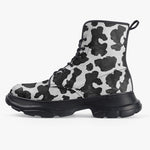 PU Leather Chunky Boots Black and White Cow Print Pattern