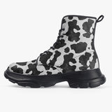 PU Leather Chunky Boots Black and White Cow Print Pattern