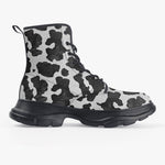 PU Leather Chunky Boots Black and White Cow Print Pattern