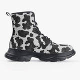 PU Leather Chunky Boots Black and White Cow Print Pattern