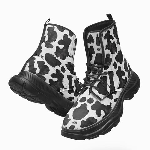 PU Leather Chunky Boots Black and White Cow Print Pattern