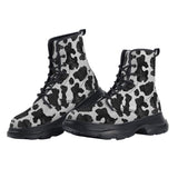 PU Leather Chunky Boots Black and White Cow Print Pattern