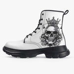 PU Leather Chunky Boots Skull with Crown and Playing Cards