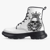 PU Leather Chunky Boots Skull with Crown and Playing Cards