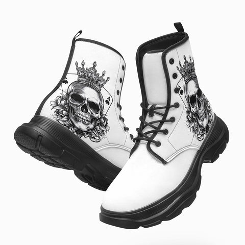 PU Leather Chunky Boots Skull with Crown and Playing Cards