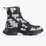 PU Leather Chunky Boots Black and White Puzzle Pieces