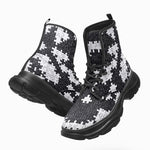 PU Leather Chunky Boots Black and White Puzzle Pieces