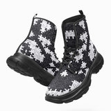 PU Leather Chunky Boots Black and White Puzzle Pieces