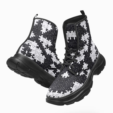PU Leather Chunky Boots Black and White Puzzle Pieces