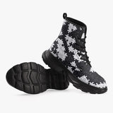 PU Leather Chunky Boots Black and White Puzzle Pieces