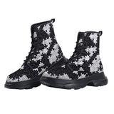 PU Leather Chunky Boots Black and White Puzzle Pieces