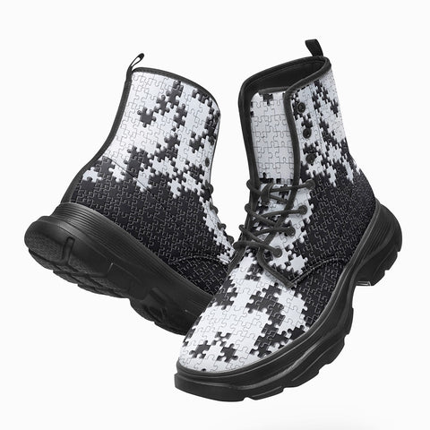 PU Leather Chunky Boots Black and White Puzzle