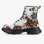 PU Leather Chunky Boots Black and Red Flowers with Pearls