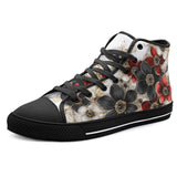 High-Top Canvas Shoes Black and Red Flowers with Pearls