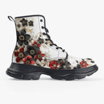 PU Leather Chunky Boots Black and Red Flowers with Pearls