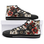 High-Top Canvas Shoes Black and Red Flowers with Pearls