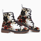 Leather Boots Black and Red Flowers with Pearls