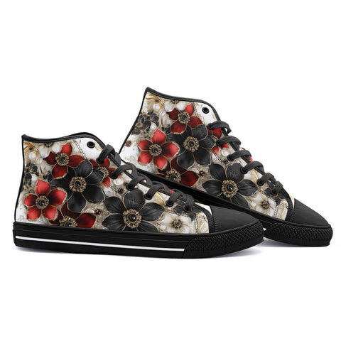 High-Top Canvas Shoes Black and Red Flowers with Pearls