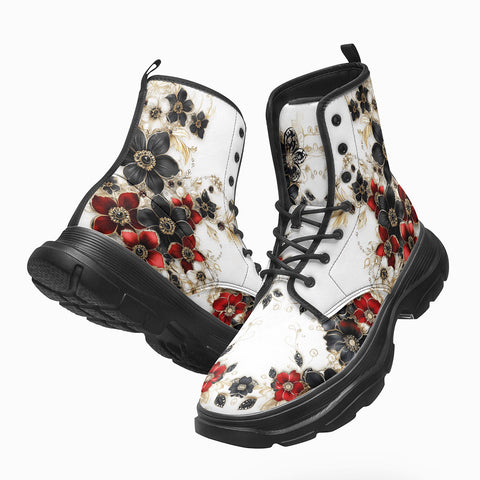 PU Leather Chunky Boots Black and Red Flowers with Pearls