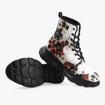 PU Leather Chunky Boots Black and Red Flowers with Pearls